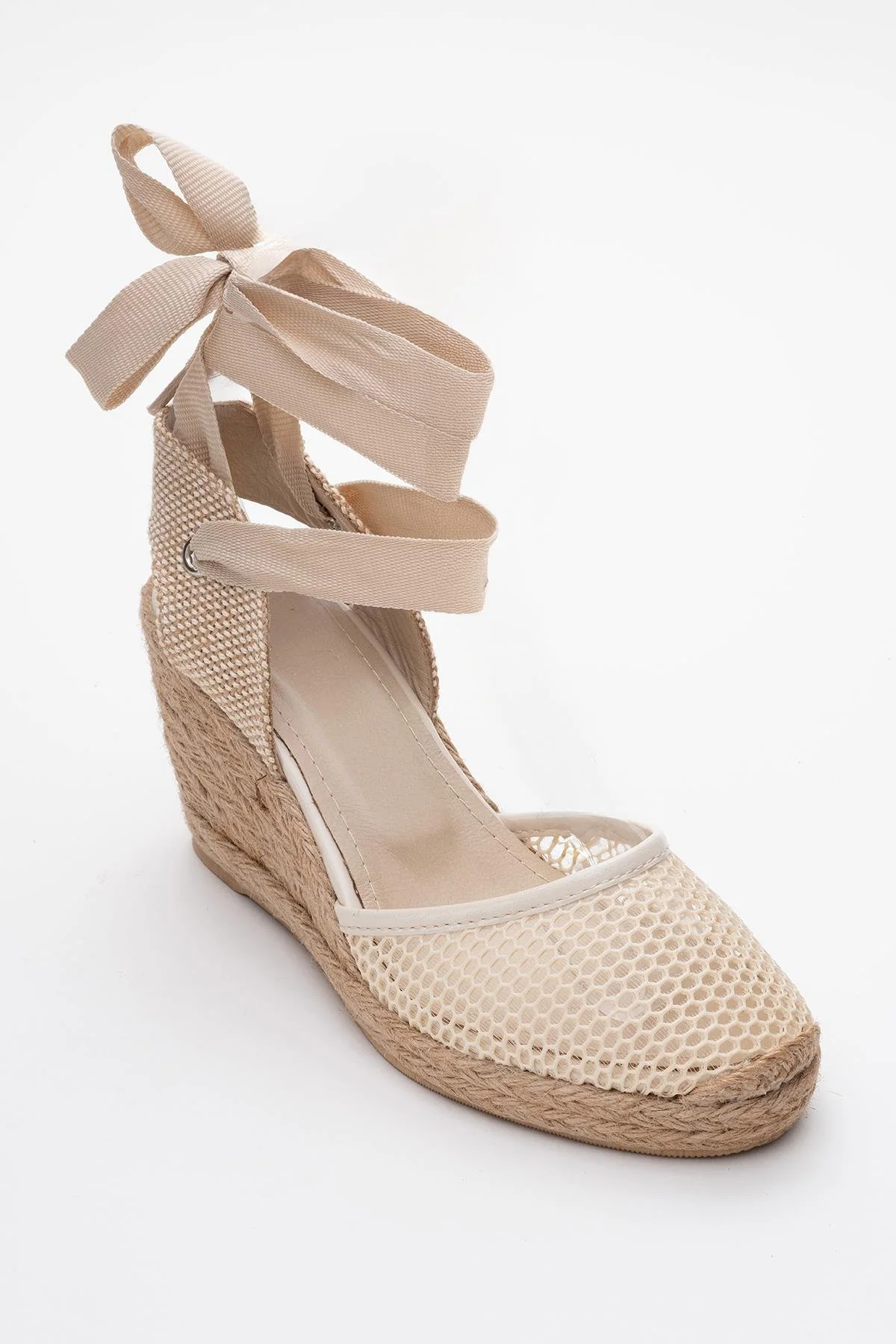 Lions - Beige Mesh Leather Wedge Espadrilles Sandal (Women) - Image 3