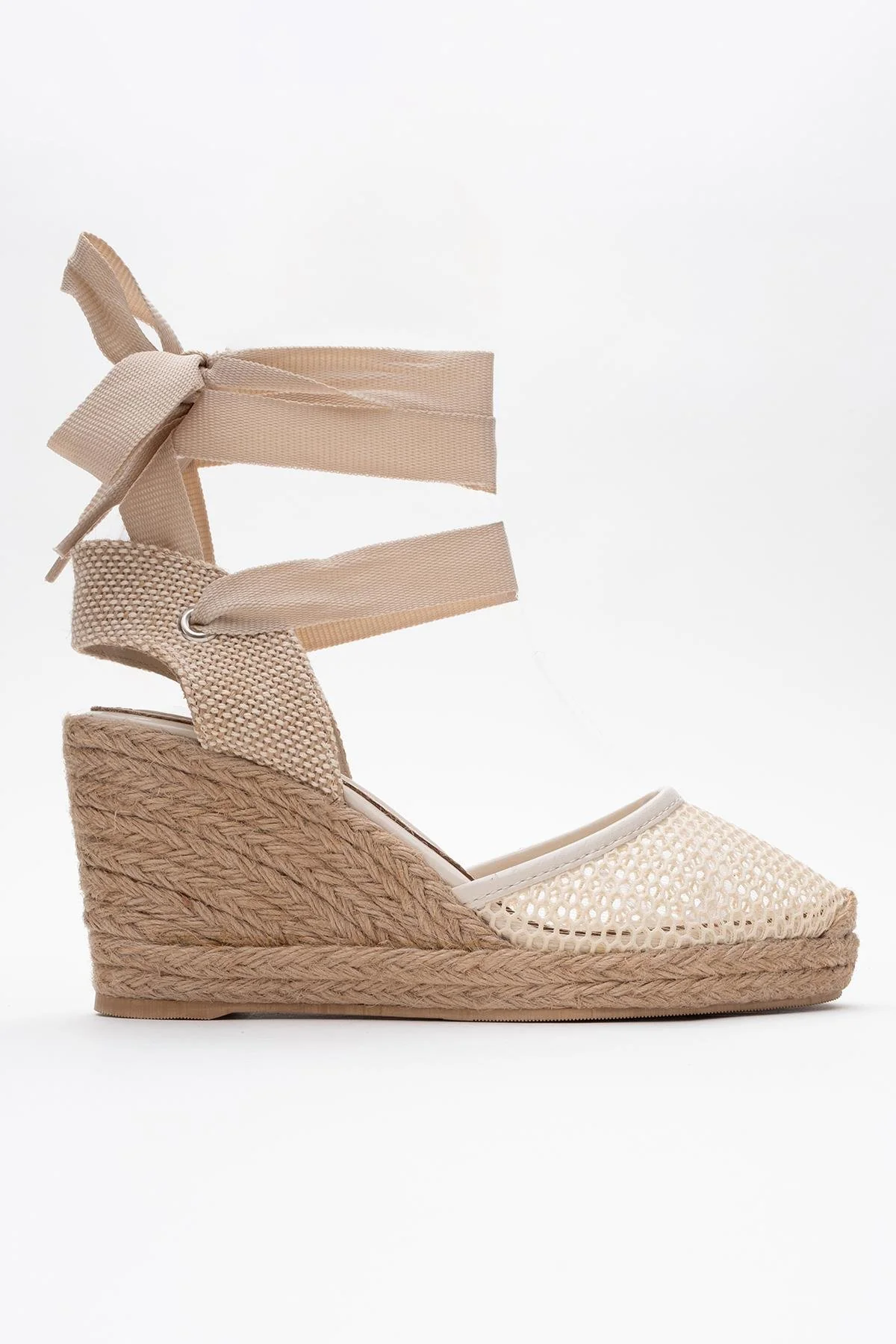 Lions - Beige Mesh Leather Wedge Espadrilles Sandal (Women) - Image 6