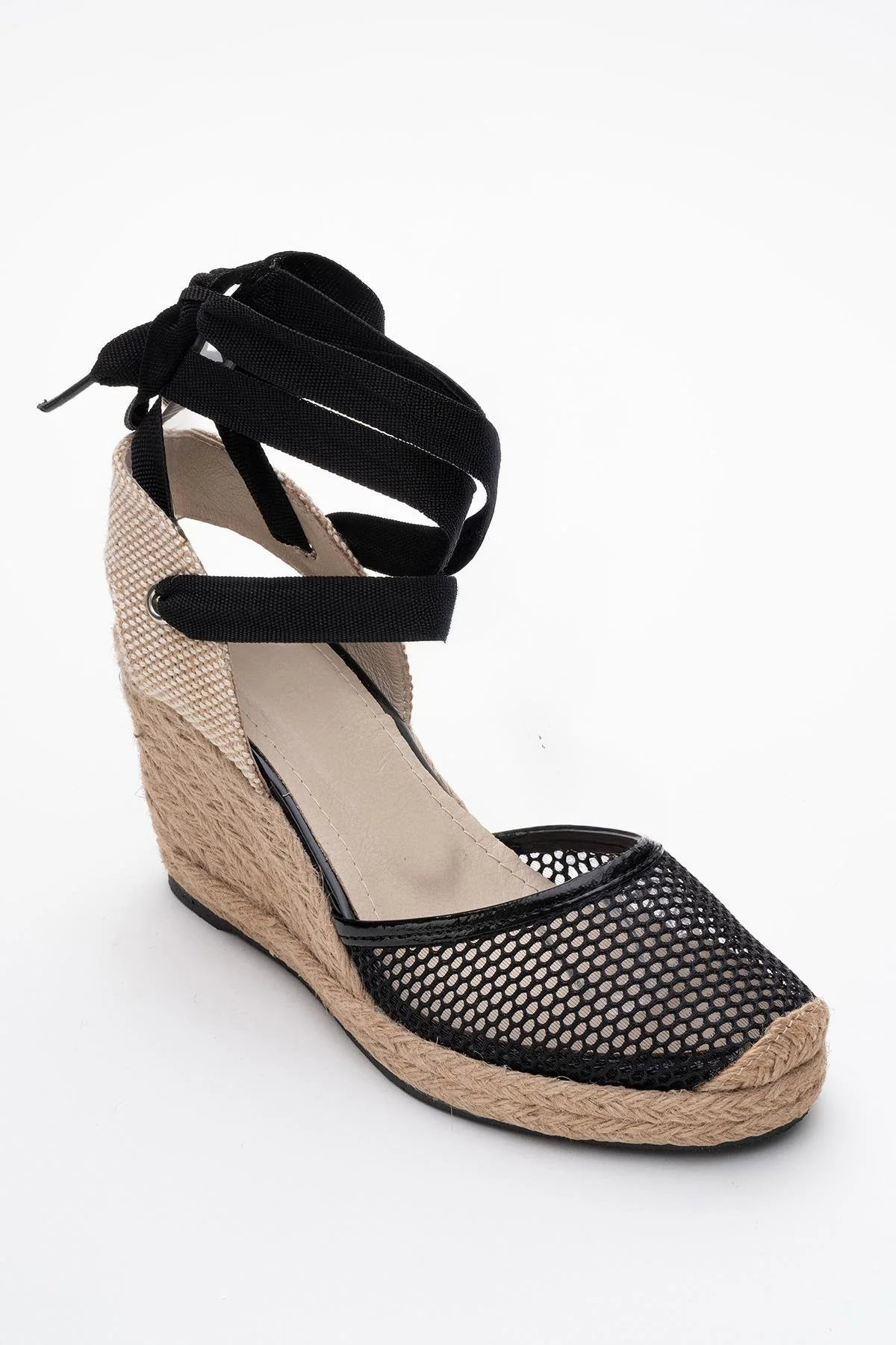 Lions - Black Mesh Leather Wedge Espadrilles Sandal (Women) - Image 3