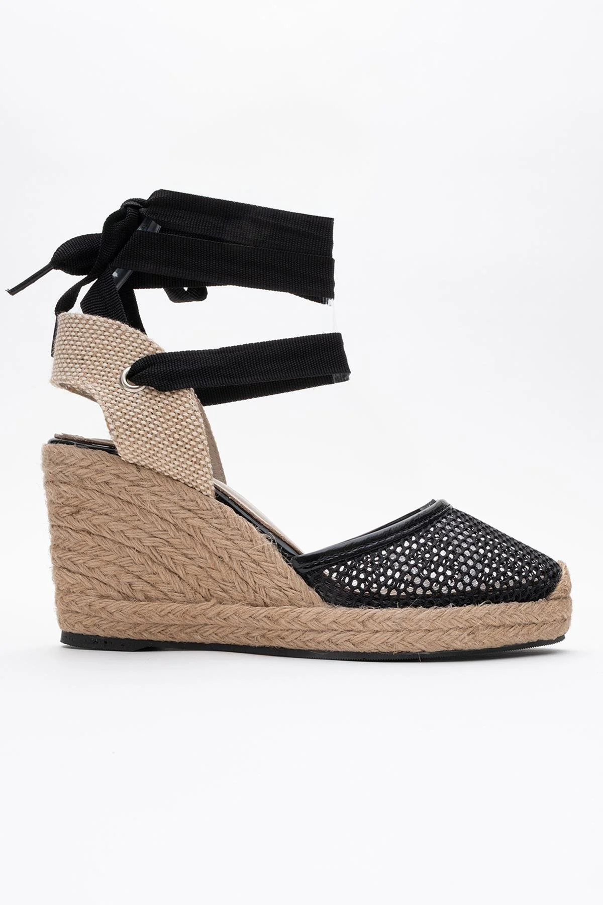 Lions - Black Mesh Leather Wedge Espadrilles Sandal (Women) - Image 6