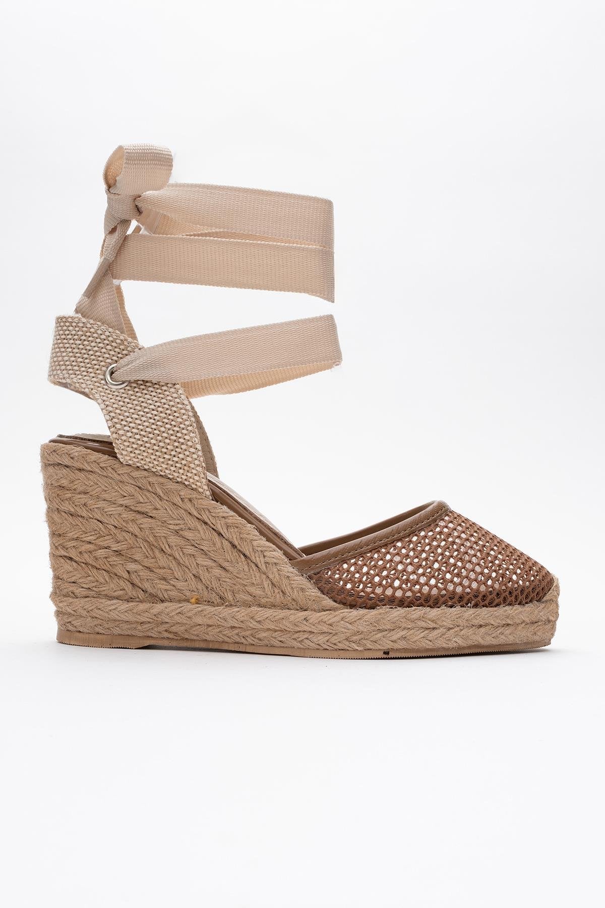 Lions - Cognac Brown Mesh Leather Wedge Espadrilles Sandal (Women) - Image 5