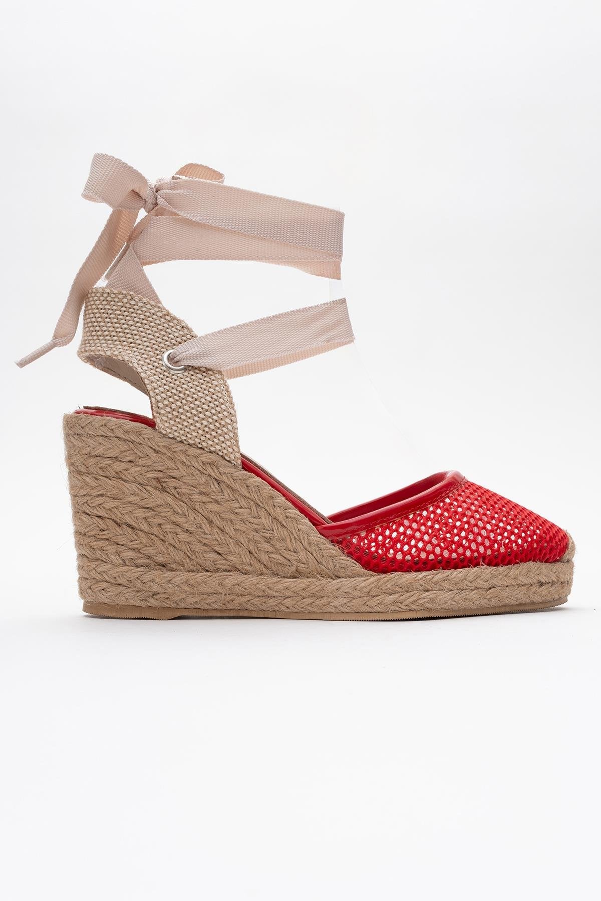 Lions - Red Mesh Leather Wedge Espadrilles Sandal (Women) - Image 6