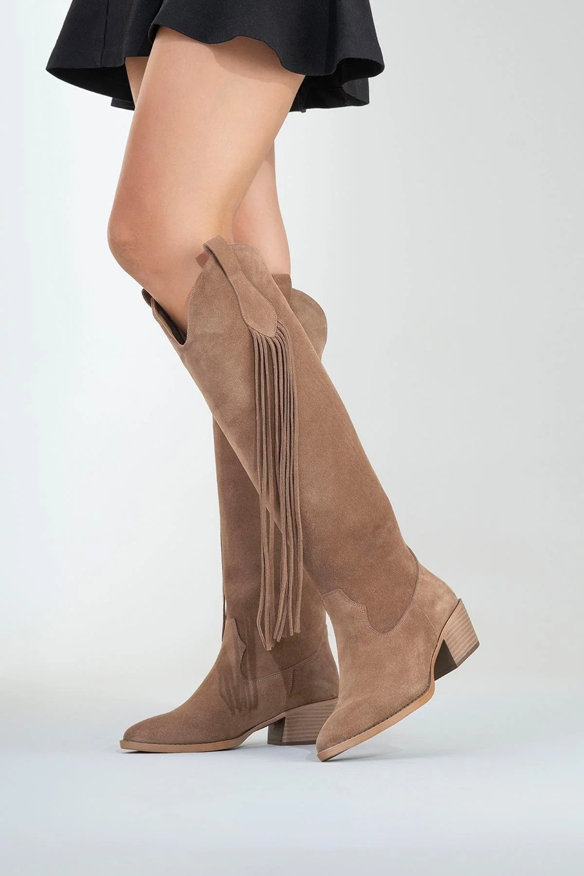Rios - Taupe Genuine Leather Suede Block Heel Knee-High Boot (Women) - Image 7