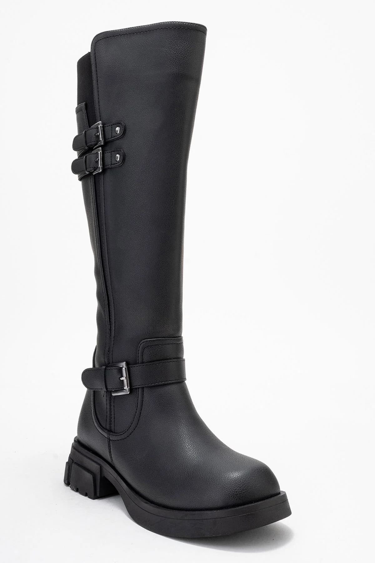 Sia - Black Stretch-Panel Flat Knee-High Boot (Women) - Image 3
