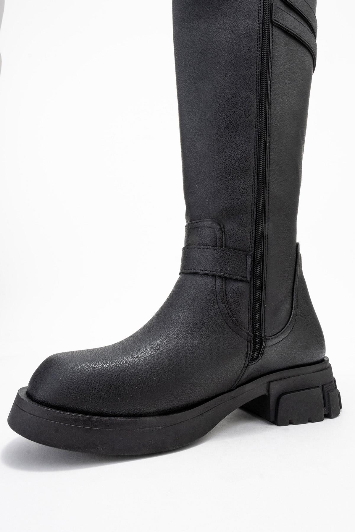 Sia - Black Stretch-Panel Flat Knee-High Boot (Women) - Image 4